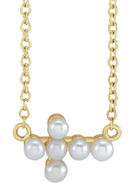 14K Yellow Gold Cultured White Seed Pearl Sideways Cross 16-18