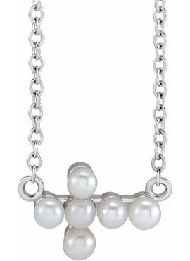 14K Yellow Gold Cultured White Seed Pearl Sideways Cross 16-18
