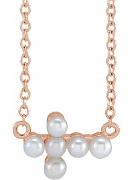 14K Yellow Gold Cultured White Seed Pearl Sideways Cross 16-18