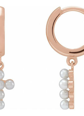 Platinum Cultured White Seed Pearl Cross Hoop Earrings