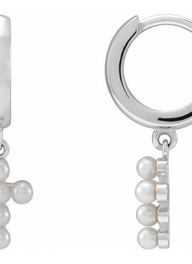 Platinum Cultured White Seed Pearl Cross Hoop Earrings