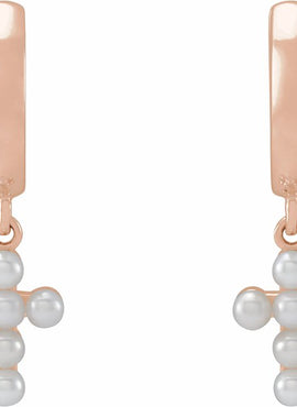 Platinum Cultured White Seed Pearl Cross Hoop Earrings