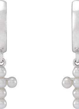 Platinum Cultured White Seed Pearl Cross Hoop Earrings