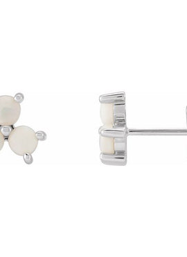 14K White Gold White Opal Three-Stone Cabochon Earrings