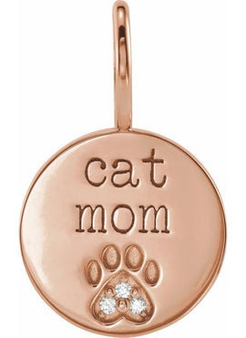 14K Rose Gold .01 CTW Natural Diamond Engraved Dog Mom Paw Print Charm/Pendant