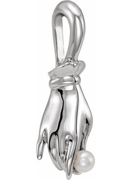 Platinum Cultured White Seed Pearl Buddha Hand Pendant