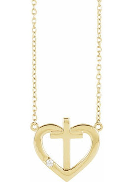 14K White Gold .0025 CT Natural Diamond Heart & Cross Necklace Center