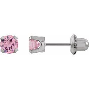 Rhodium-Plated 5 mm Round Pink Cubic Zirconia Piercing Stud Earrings