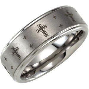 White 8.3 mm Black Laser Cross Ridged Ring