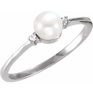 14K White Cultured White Freshwater Pearl & .025 CTW Natural Diamond Ring