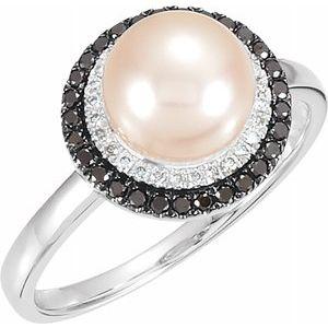 Freshwater Cultured Pearl & 1/4 CTW Black Diamond Ring