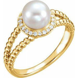 Freshwater Cultured Pearl & .08 CTW Diamond Halo-Style Beaded Ring