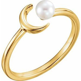 14K White Cultured White Freshwater Pearl Crescent Moon Ring