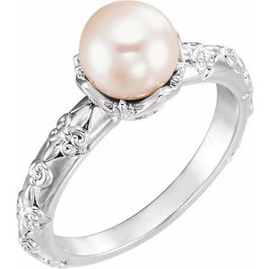 14K White Cultured White Freshwater Pearl & .025 CTW Natural Diamond Ring