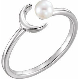 14K White Cultured White Freshwater Pearl Crescent Moon Ring