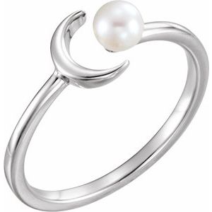 14K White Cultured White Freshwater Pearl Crescent Moon Ring