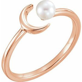 14K White Cultured White Freshwater Pearl Crescent Moon Ring