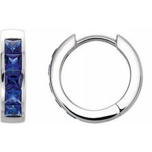 Load image into Gallery viewer, Chatham® Created Blue Sapphire Hoop Earrings
