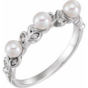 Pearl & .03 CTW Diamond Stackable Leaf Pattern Ring