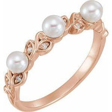 Load image into Gallery viewer, Pearl &amp; .03 CTW Diamond Stackable Leaf Pattern Ring
