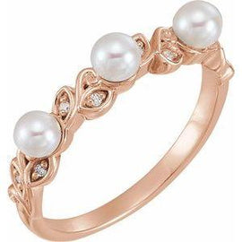Pearl & .03 CTW Diamond Stackable Leaf Pattern Ring