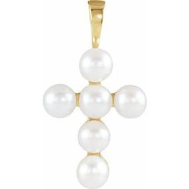 14K White Cultured White Freshwater Pearl Cross Pendant