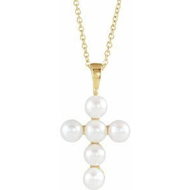 14K White Cultured White Freshwater Pearl Cross Pendant