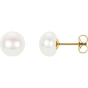 14K Yellow 8 mm Cultured White Freshwater Pearl Stud Earrings