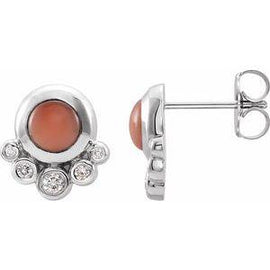 Cabochon Pink Coral & 1/8 CTW Diamond Earrings