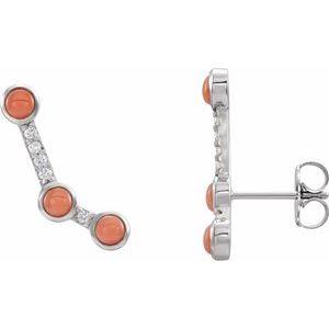 Pink Coral & .01 CTW Diamond Scattered Cabochon Ear Climbers