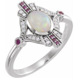 Cabochon Ethiopian Opal, Pink Sapphire & .06 CTW Diamond Ring