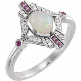 Cabochon Ethiopian Opal, Pink Sapphire & .06 CTW Diamond Ring