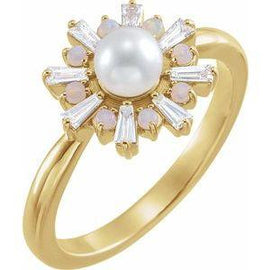 Cultured White Akoya Pearl, White Opal & 1/4 CTW Diamond
