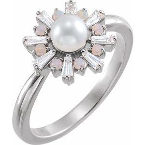 Cultured White Akoya Pearl, White Opal & 1/4 CTW Diamond