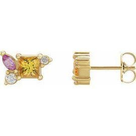Yellow Sapphire, Pink Sapphire, & 1/8 CTW Diamond Earrings