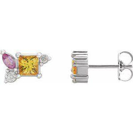 Yellow Sapphire, Pink Sapphire, & 1/8 CTW Diamond Earrings
