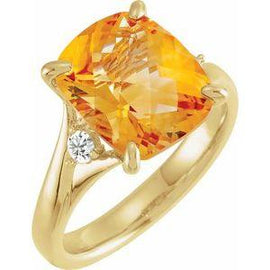 Checkerboard Citrine & 1/6 CTW Diamond Ring