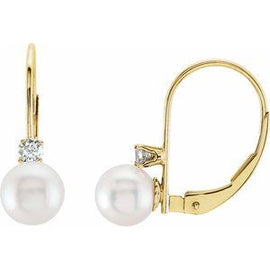 Akoya Cultured Pearl & Diamond Lever Back Earrings