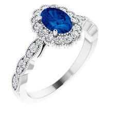Load image into Gallery viewer, Chatham® Created Blue Sapphire &amp; 3/8 CTW Diamond Ring
