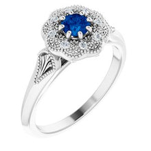 Load image into Gallery viewer, Blue Sapphire &amp; .06 CTW Diamond Ring Vintage-Inspired Halo-Style Ring
