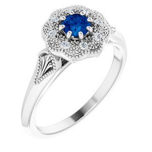 Blue Sapphire & .06 CTW Diamond Ring Vintage-Inspired Halo-Style Ring