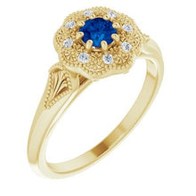 Load image into Gallery viewer, Blue Sapphire &amp; .06 CTW Diamond Ring Vintage-Inspired Halo-Style Ring
