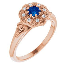 Load image into Gallery viewer, Blue Sapphire &amp; .06 CTW Diamond Ring Vintage-Inspired Halo-Style Ring
