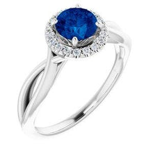 Load image into Gallery viewer, Chatham® Created Lab-Grown Blue Sapphire &amp; 1/10 CTW Diamond Ring
