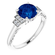 Load image into Gallery viewer, Chatham® Created Lab-Grown Blue Sapphire &amp; .05 CTW Diamond Ring
